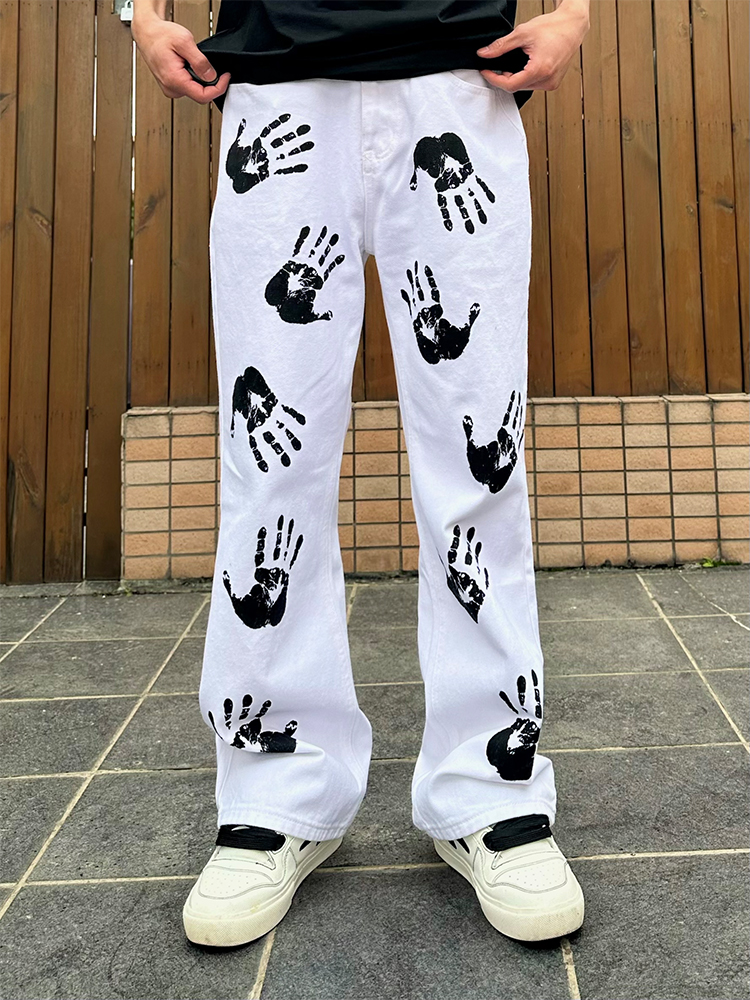 Streetwear Brand Jeans - American High Street Palm Print Jeans
